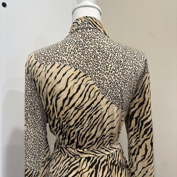 Natori Black Tan Animal Print Stretch Jersey Kimono Robe Tiger Leopard Lounge - Picture 10 of 14